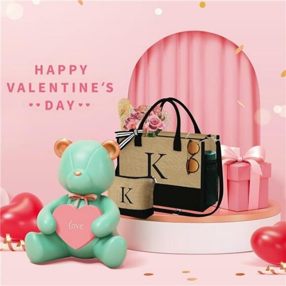 Valentines Day Gifts Initial Jute Tote Bag & Makeup Bag Birthday Hand Wash - Picture 3 of 7